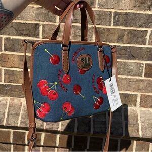 VIRAL Steve Madden Navy Denim Cherry Embroidered Crossbody with Brown Trim
